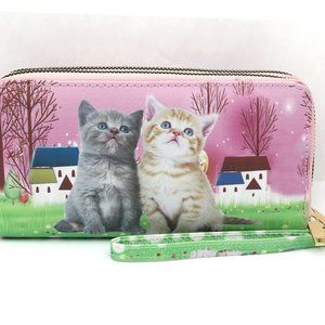 Double Zipper Women's Clutch Wallet with Kitten Design - 4 Cash Compartments 8